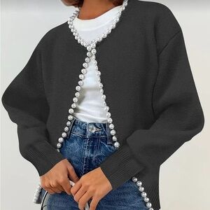 Pearl-Trimmed Black Sweater